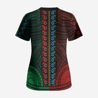 African Dashiki and Polynesian Pattern Scrub Top Half Green-Red