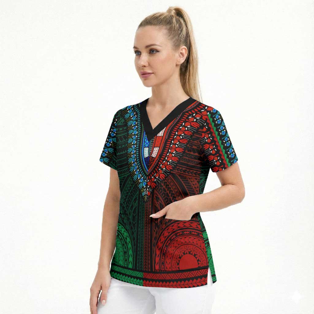 African Dashiki and Polynesian Pattern Scrub Top Half Green-Red