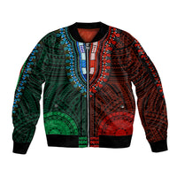 African Dashiki Sleeve Zip Bomber Jacket With Polynesian Pattern - Half Green and Red - Wonder Print Shop