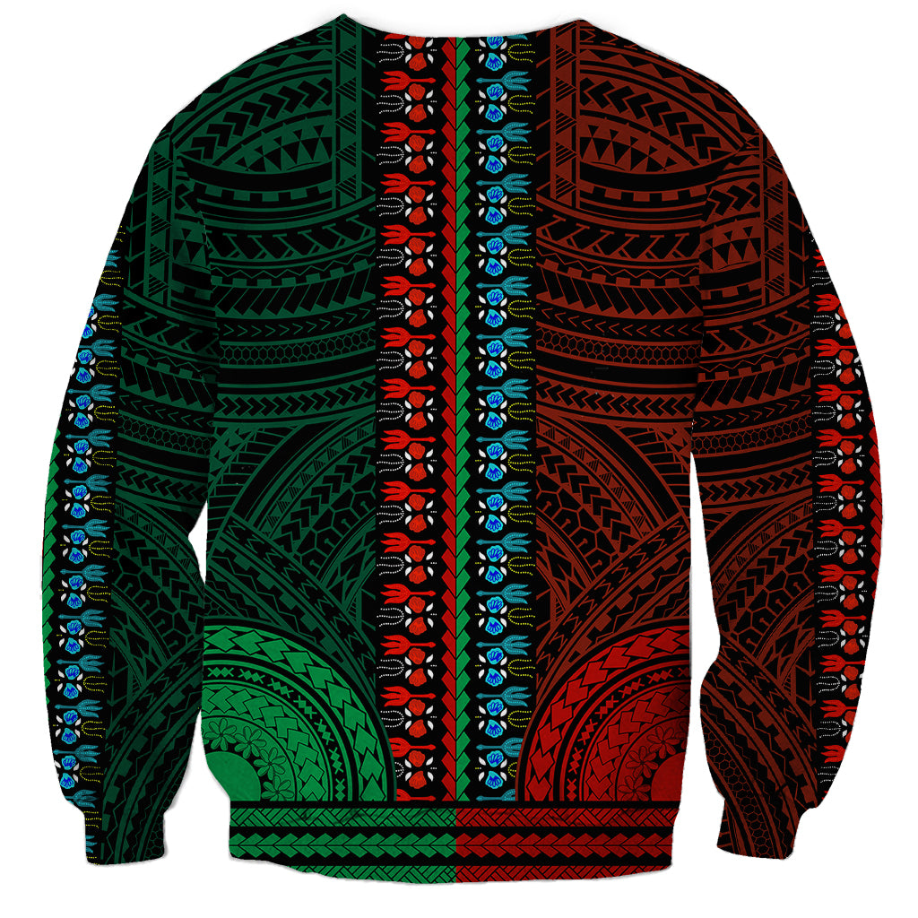 African Dashiki Sweatshirt With Polynesian Pattern - Half Green and Red - Wonder Print Shop