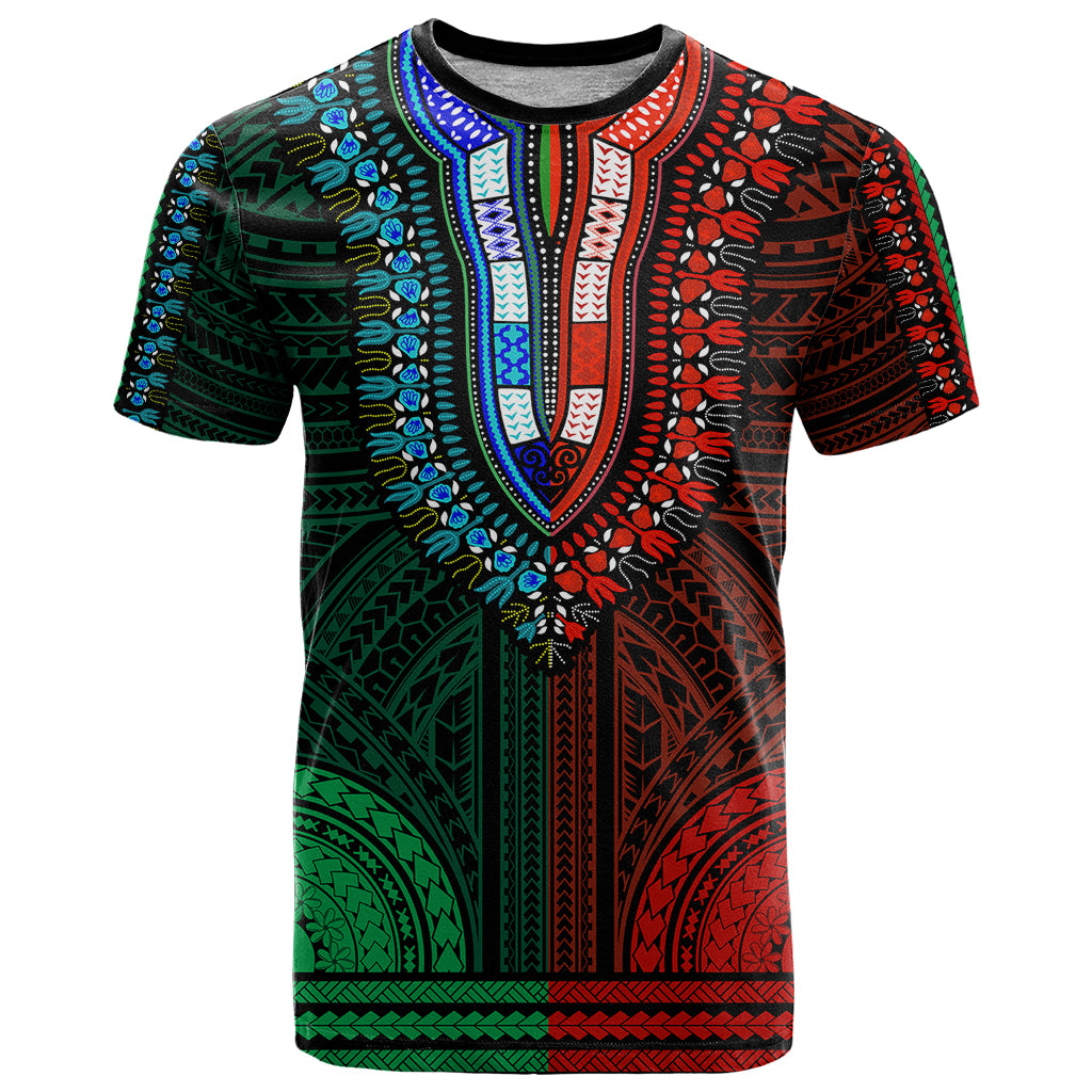 African Dashiki T Shirt With Polynesian Pattern - Half Green and Red - Wonder Print Shop