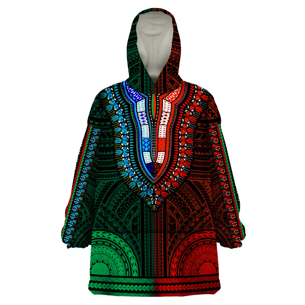 African Dashiki Wearable Blanket Hoodie With Polynesian Pattern - Half Green and Red - Wonder Print Shop