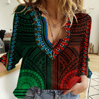 African Dashiki Women Casual Shirt With Polynesian Pattern - Half Green and Red - Wonder Print Shop