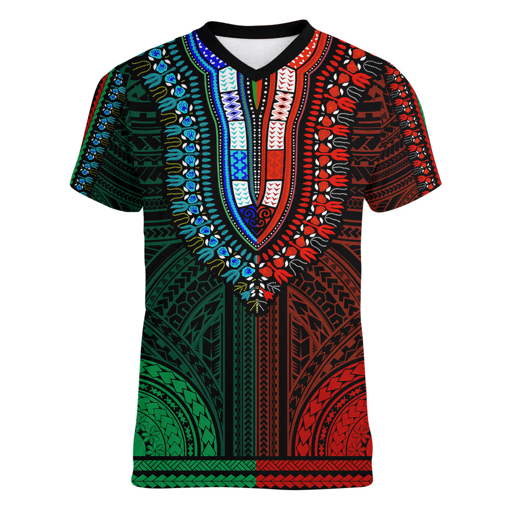 African Dashiki Women V Neck T Shirt With Polynesian Pattern - Half Green and Red - Wonder Print Shop