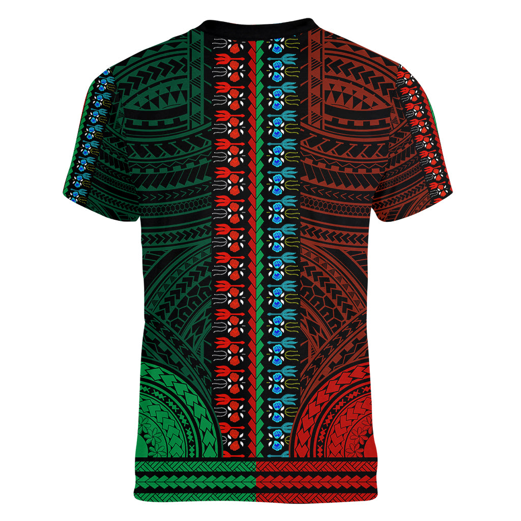 African Dashiki Women V Neck T Shirt With Polynesian Pattern - Half Green and Red - Wonder Print Shop