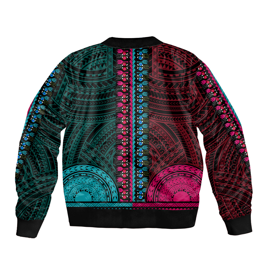 African Dashiki Bomber Jacket With Polynesian Pattern - Half Teal and Pink LT9 - Wonder Print Shop