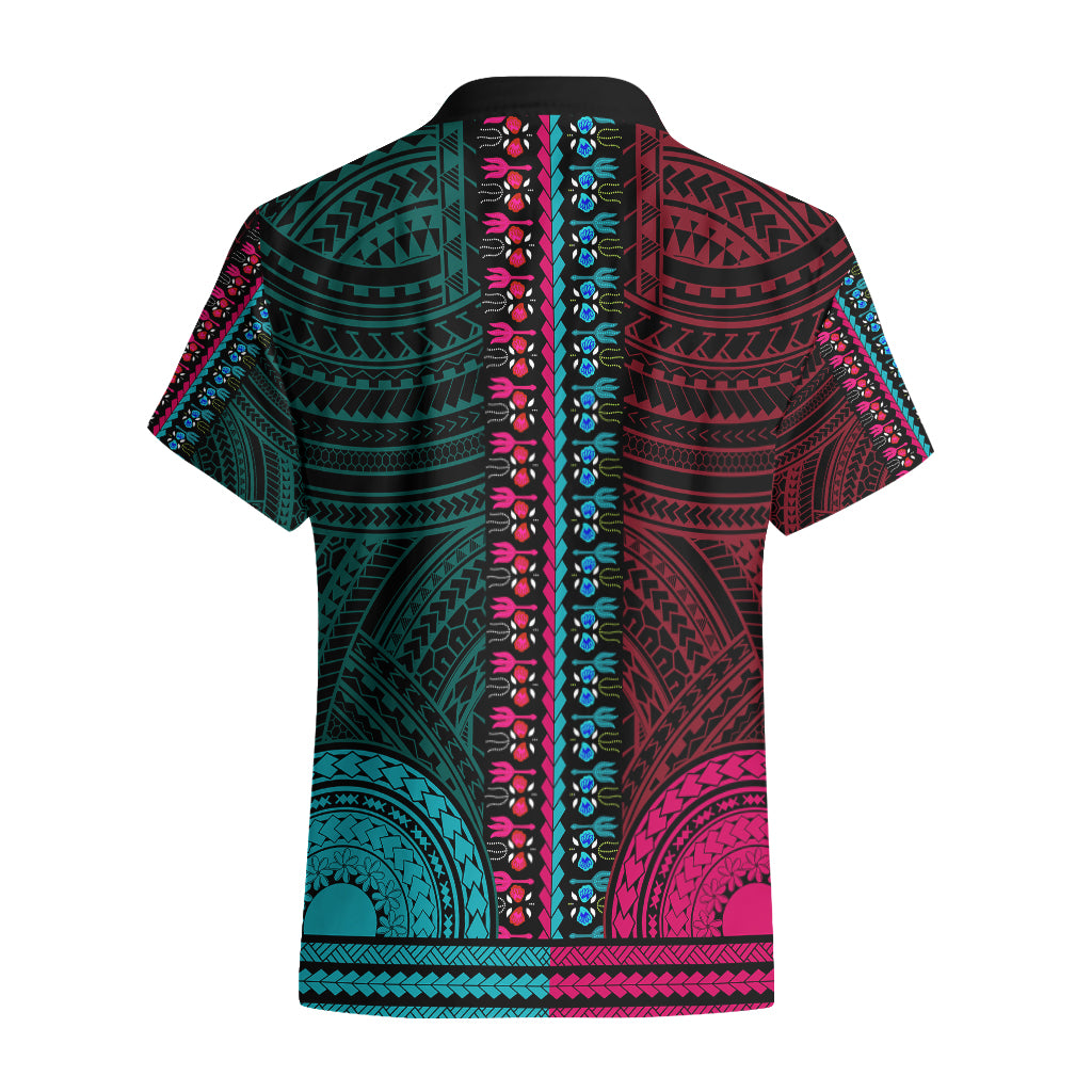 African Dashiki Hawaiian Shirt With Polynesian Pattern - Half Teal and Pink - Wonder Print Shop