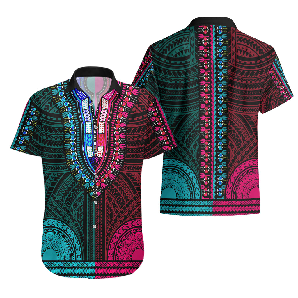 African Dashiki Hawaiian Shirt With Polynesian Pattern - Half Teal and Pink - Wonder Print Shop