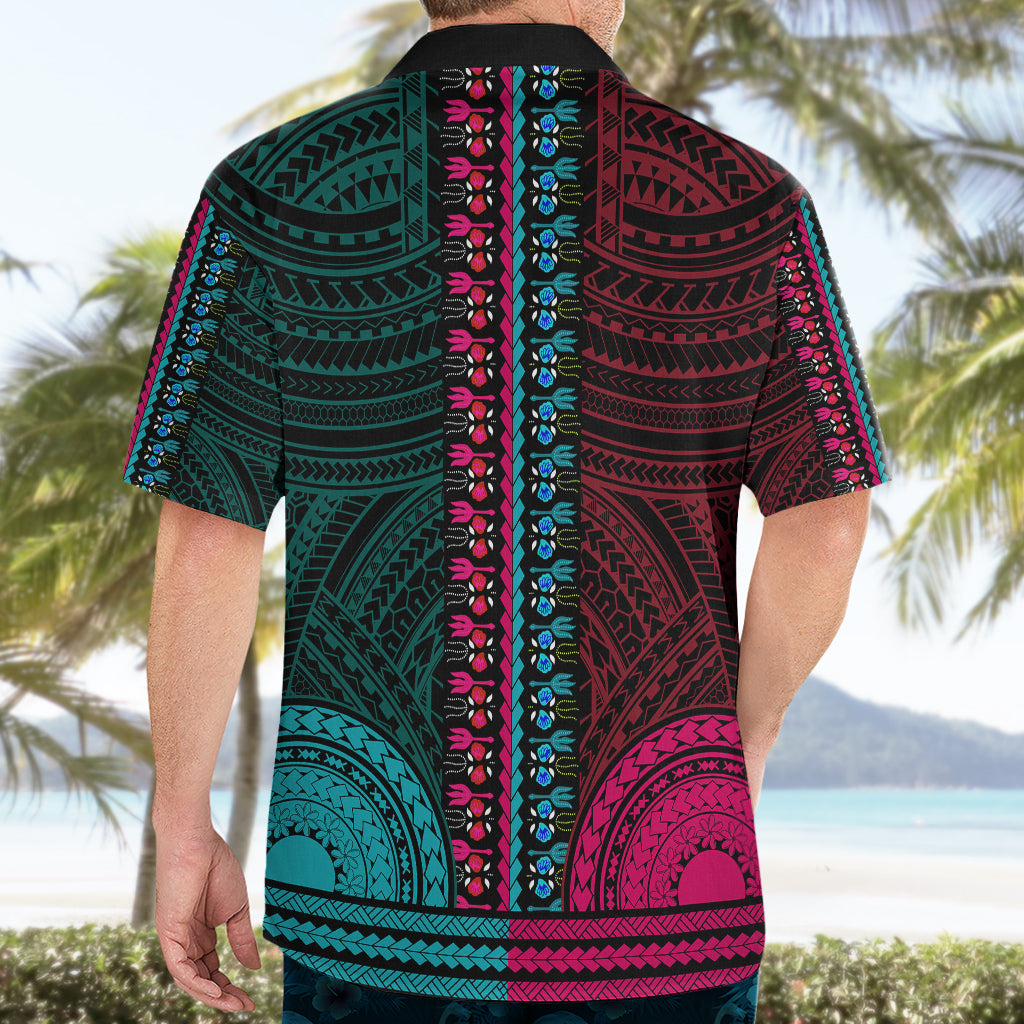 African Dashiki Hawaiian Shirt With Polynesian Pattern - Half Teal and Pink - Wonder Print Shop
