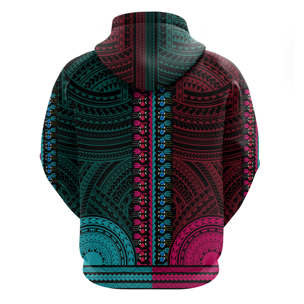 African Dashiki Hoodie With Polynesian Pattern - Half Teal and Pink - Wonder Print Shop