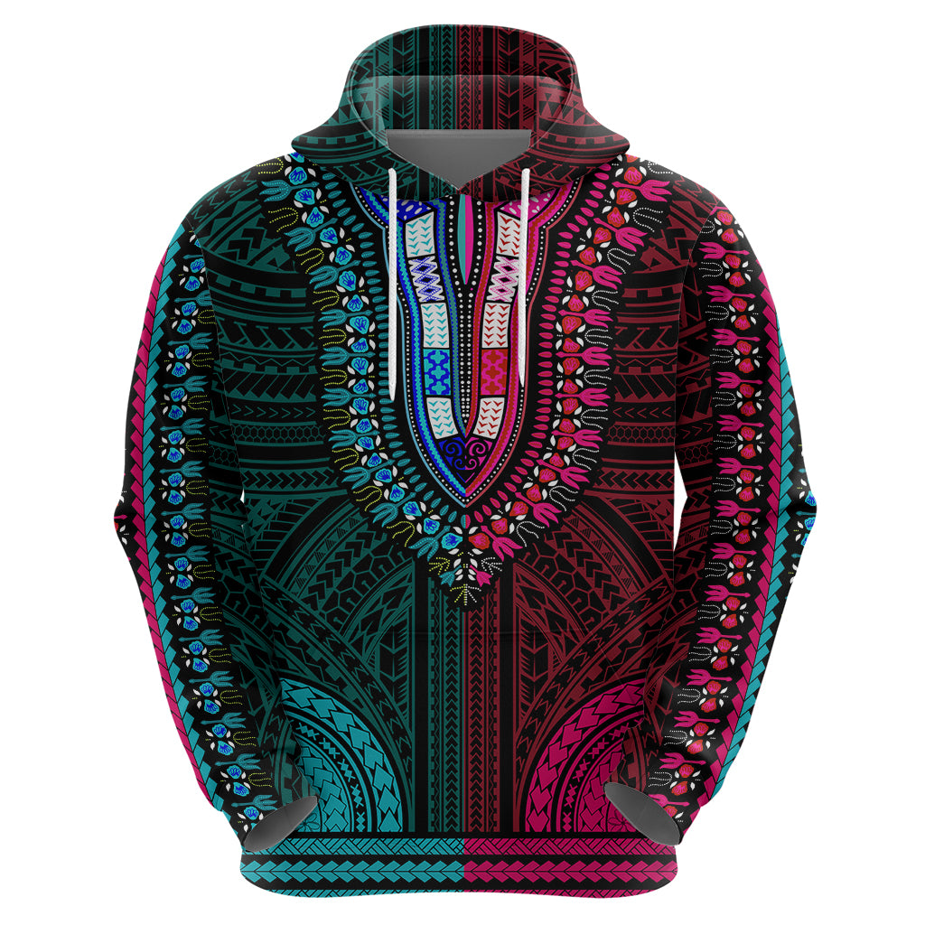 African Dashiki Hoodie With Polynesian Pattern - Half Teal and Pink - Wonder Print Shop
