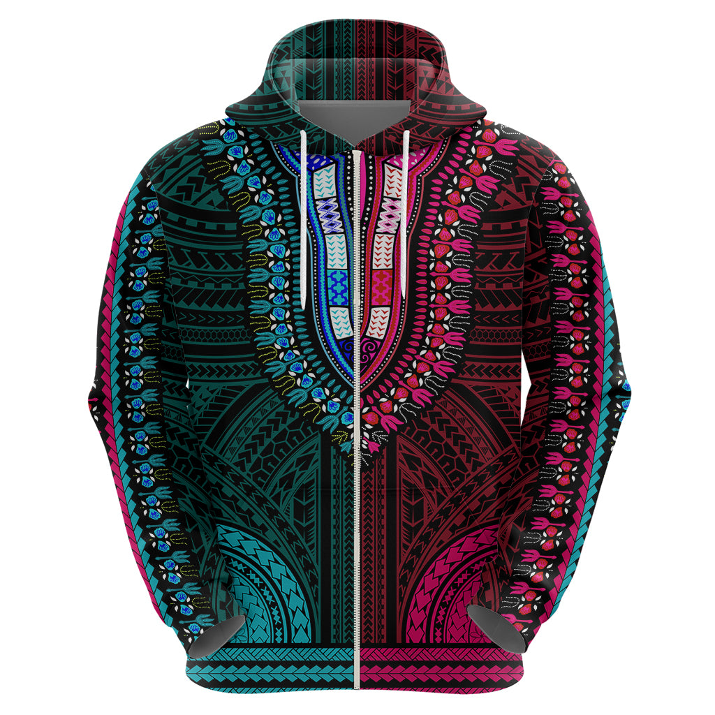 African Dashiki Hoodie With Polynesian Pattern - Half Teal and Pink - Wonder Print Shop