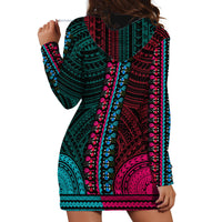 African Dashiki Hoodie Dress With Polynesian Pattern - Half Teal and Pink - Wonder Print Shop