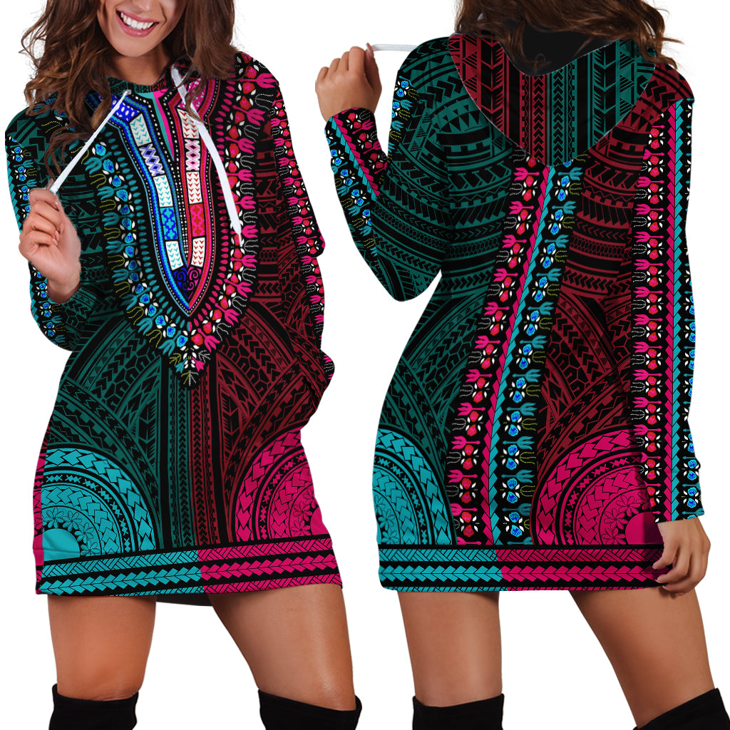 African Dashiki Hoodie Dress With Polynesian Pattern - Half Teal and Pink - Wonder Print Shop