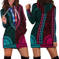 African Dashiki Hoodie Dress With Polynesian Pattern - Half Teal and Pink - Wonder Print Shop