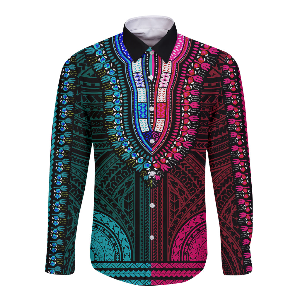 African Dashiki Long Sleeve Button Shirt With Polynesian Pattern - Half Teal and Pink - Wonder Print Shop