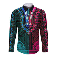 African Dashiki Long Sleeve Button Shirt With Polynesian Pattern - Half Teal and Pink - Wonder Print Shop