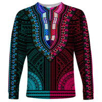 African Dashiki Long Sleeve Shirt With Polynesian Pattern - Half Teal and Pink - Wonder Print Shop
