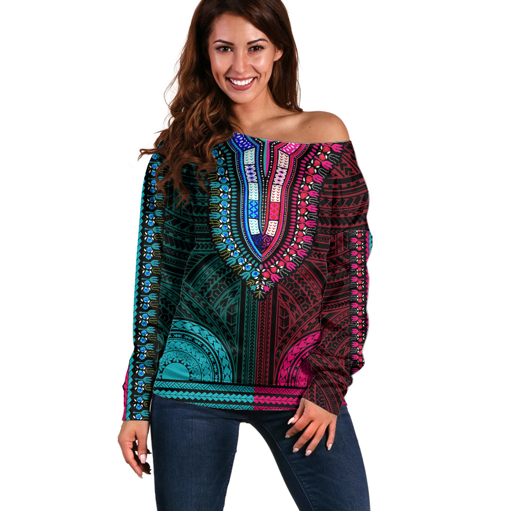 African Dashiki Off Shoulder Sweater With Polynesian Pattern - Half Teal and Pink - Wonder Print Shop