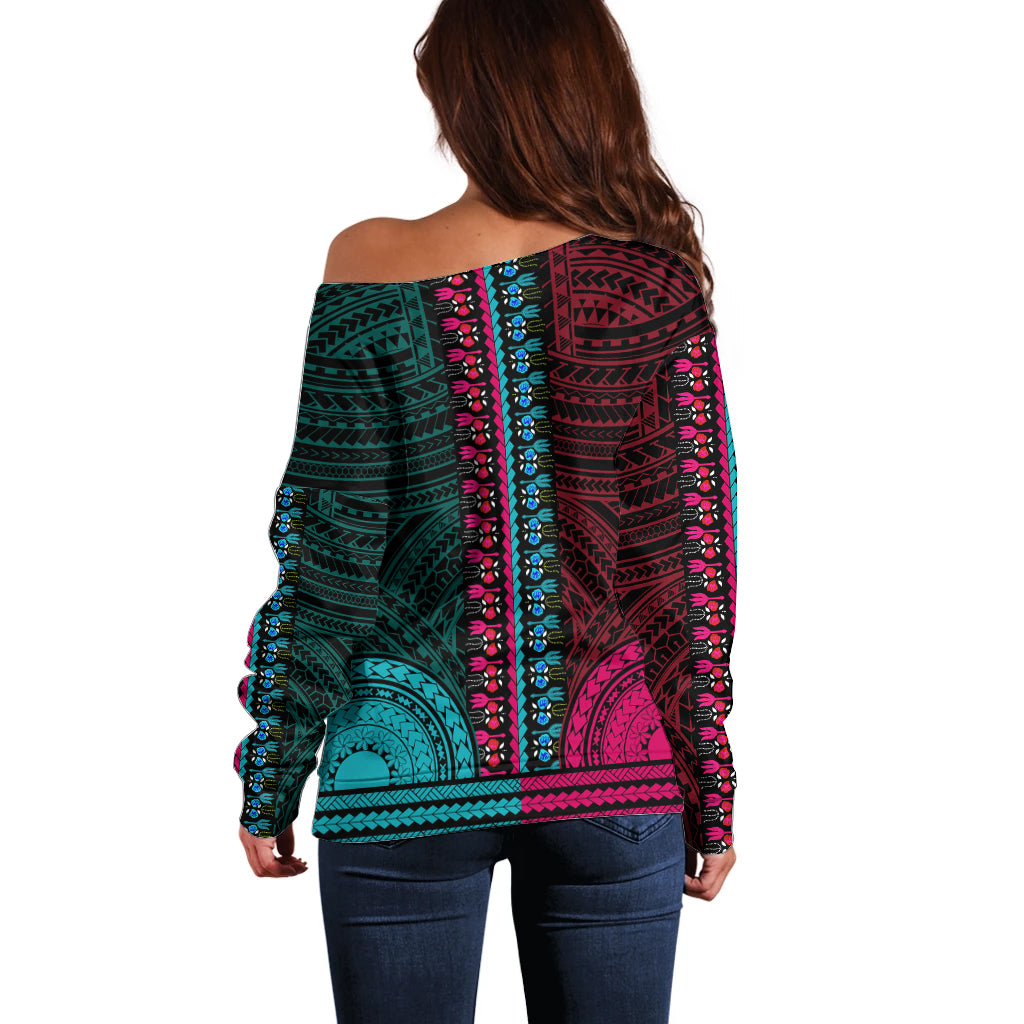 African Dashiki Off Shoulder Sweater With Polynesian Pattern - Half Teal and Pink - Wonder Print Shop
