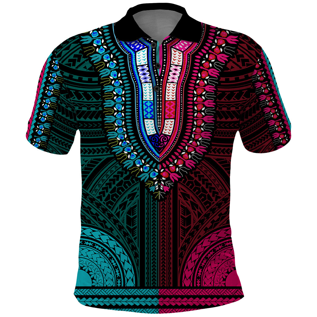 African Dashiki Polo Shirt With Polynesian Pattern - Half Teal and Pink - Wonder Print Shop