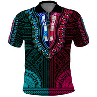 African Dashiki Polo Shirt With Polynesian Pattern - Half Teal and Pink - Wonder Print Shop