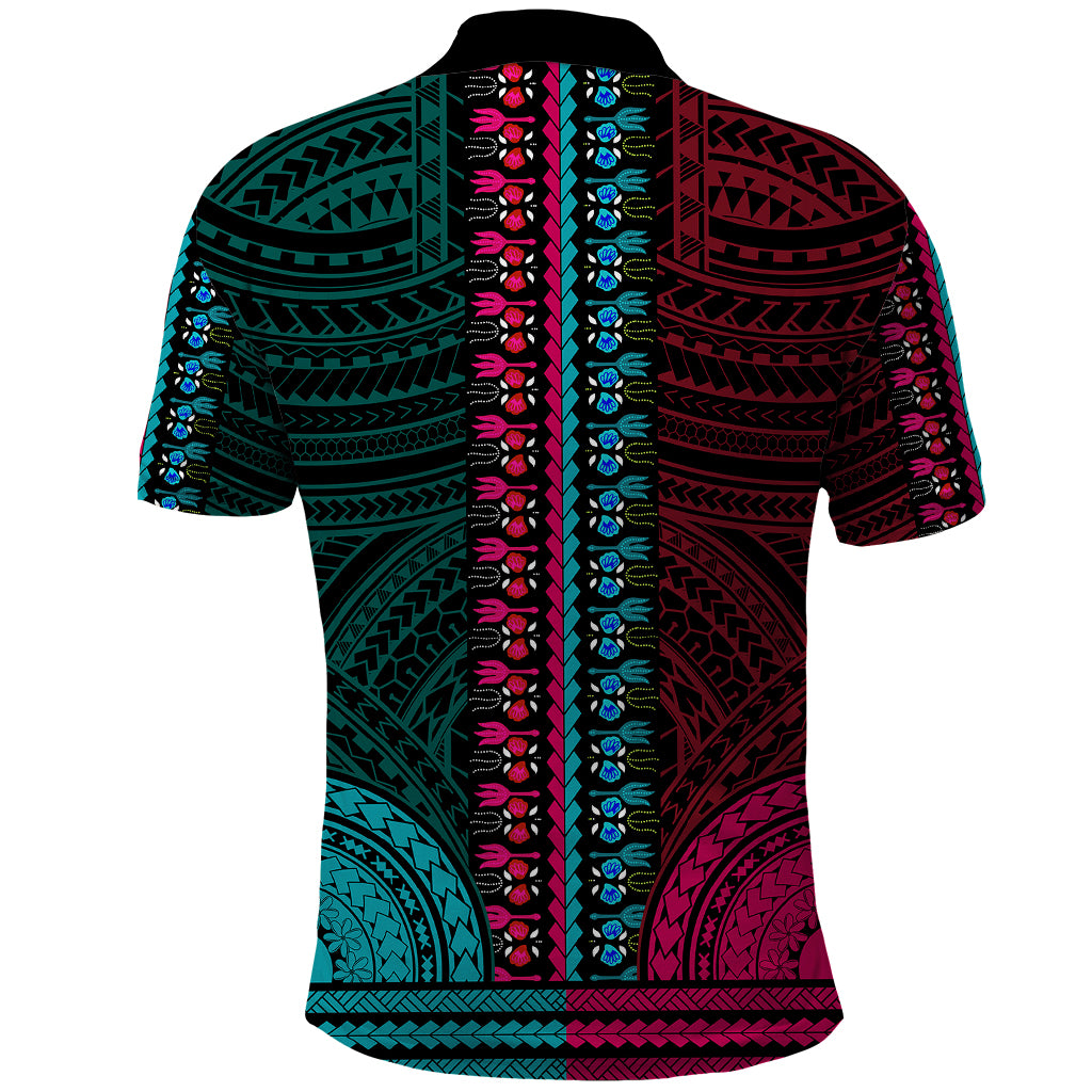 African Dashiki Polo Shirt With Polynesian Pattern - Half Teal and Pink - Wonder Print Shop