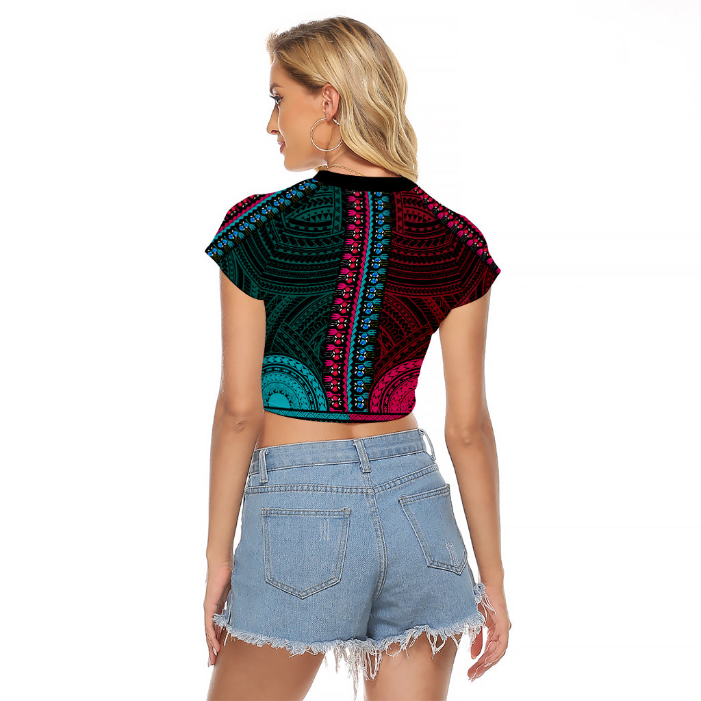 African Dashiki Raglan Cropped T Shirt With Polynesian Pattern - Half Teal and Pink - Wonder Print Shop