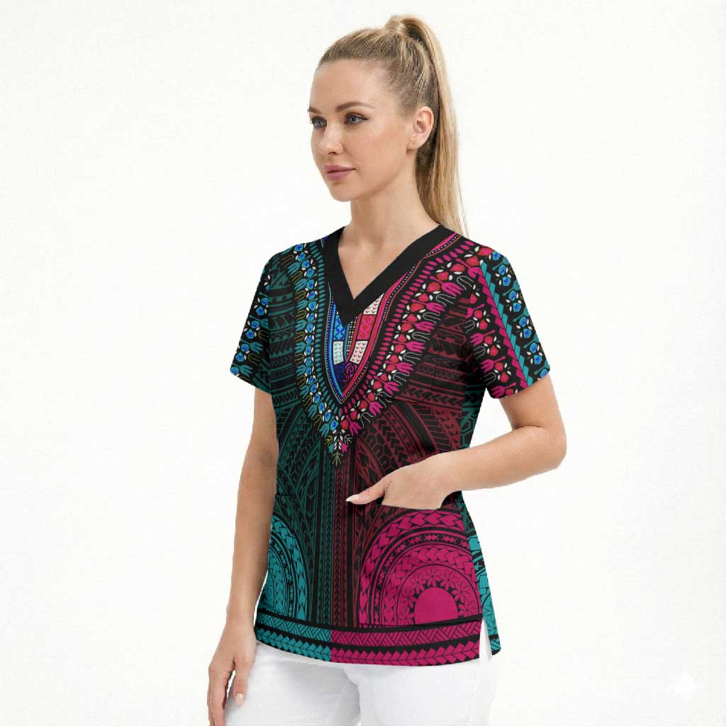 African Dashiki and Polynesian Pattern Scrub Top Half Teal-Pink