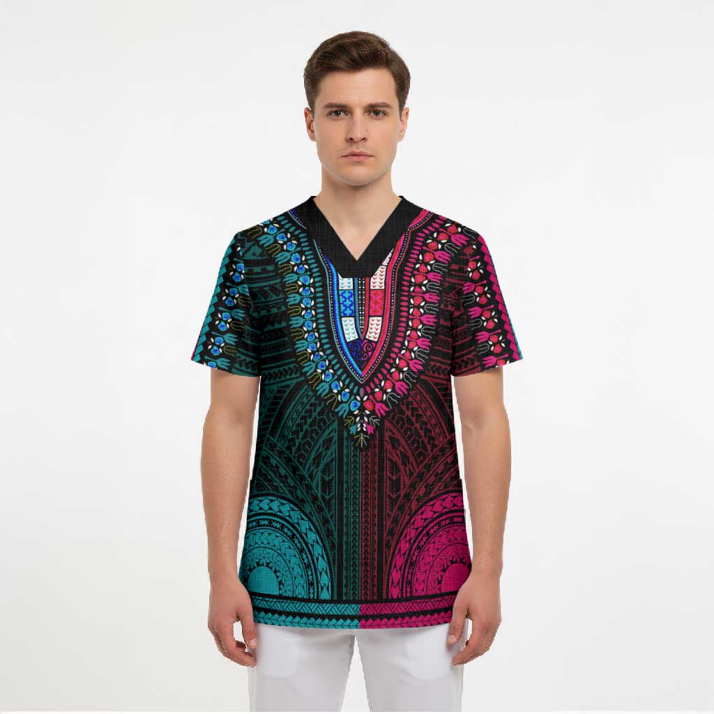 African Dashiki and Polynesian Pattern Scrub Top Half Teal-Pink