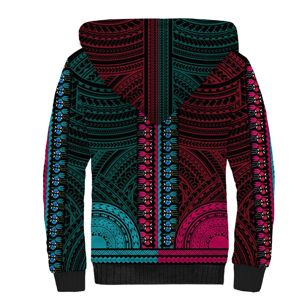 African Dashiki Sherpa Hoodie With Polynesian Pattern - Half Teal and Pink - Wonder Print Shop