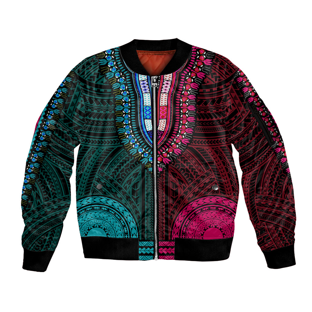 African Dashiki Sleeve Zip Bomber Jacket With Polynesian Pattern - Half Teal and Pink - Wonder Print Shop