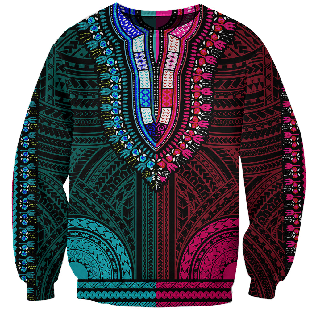 African Dashiki Sweatshirt With Polynesian Pattern - Half Teal and Pink - Wonder Print Shop