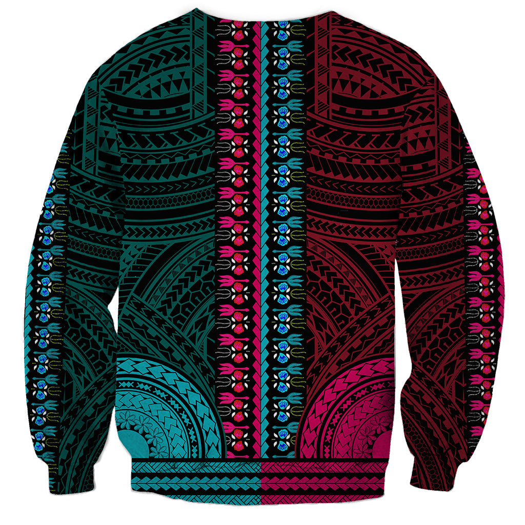 African Dashiki Sweatshirt With Polynesian Pattern - Half Teal and Pink - Wonder Print Shop