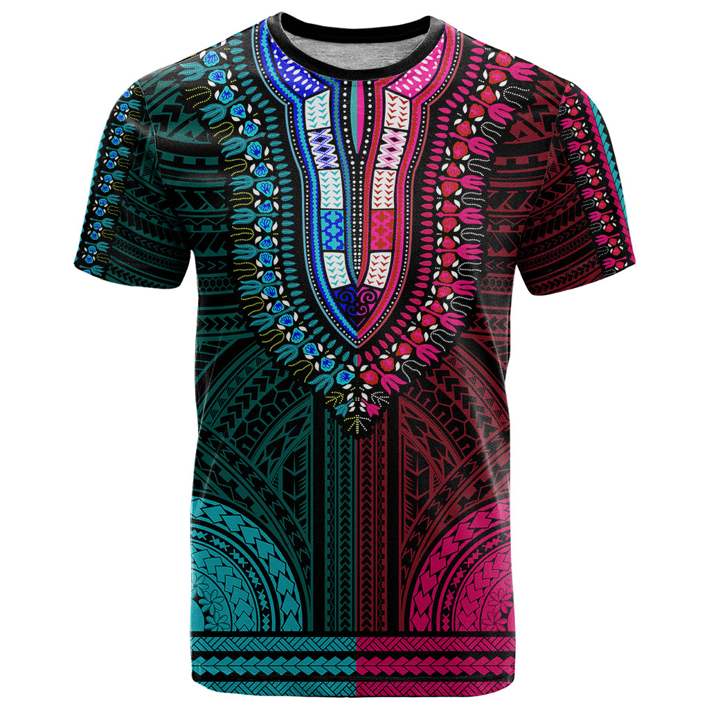 African Dashiki T Shirt With Polynesian Pattern - Half Teal and Pink - Wonder Print Shop