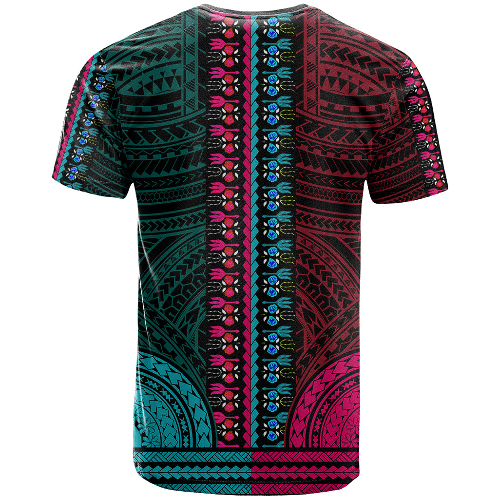 African Dashiki T Shirt With Polynesian Pattern - Half Teal and Pink - Wonder Print Shop