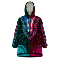 African Dashiki Wearable Blanket Hoodie With Polynesian Pattern - Half Teal and Pink - Wonder Print Shop