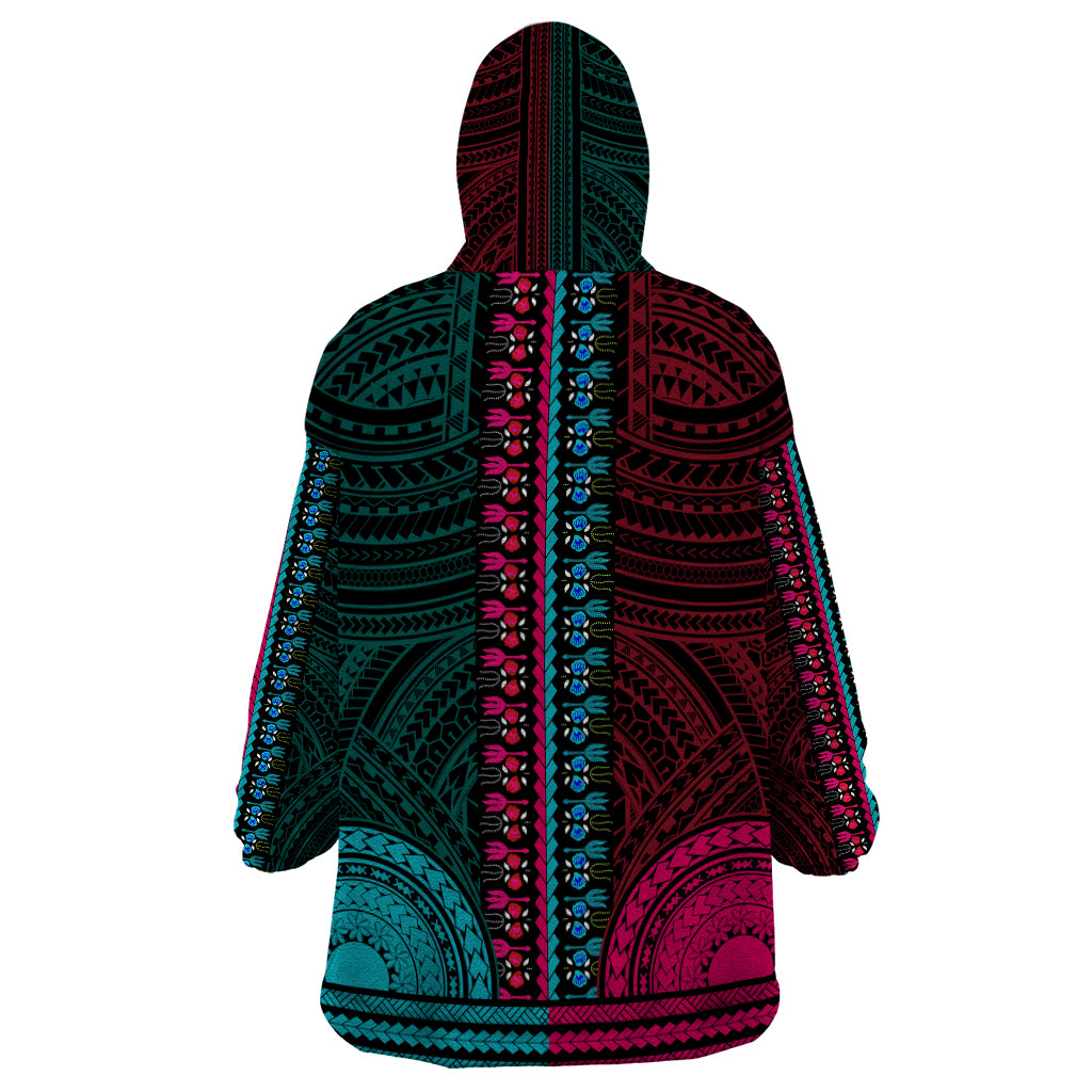 African Dashiki Wearable Blanket Hoodie With Polynesian Pattern - Half Teal and Pink - Wonder Print Shop