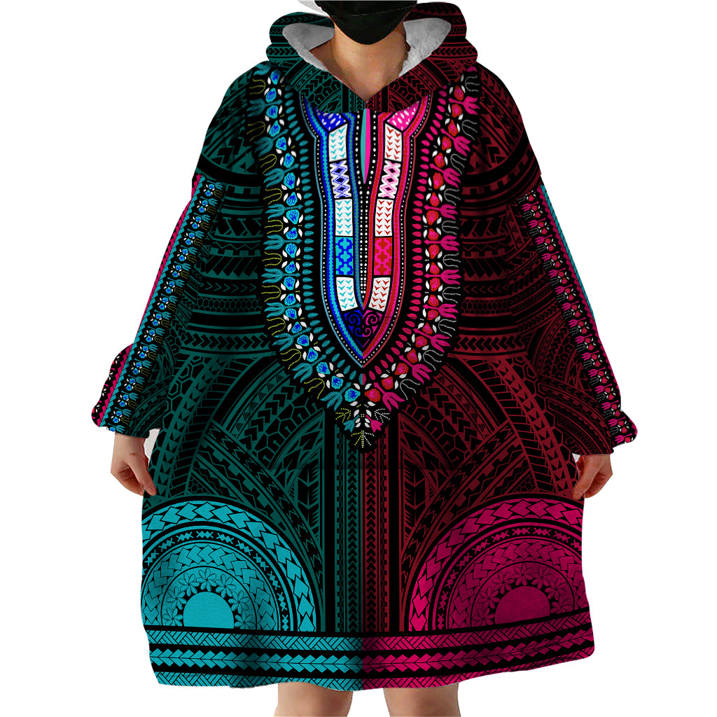 African Dashiki Wearable Blanket Hoodie With Polynesian Pattern - Half Teal and Pink - Wonder Print Shop