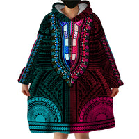 African Dashiki Wearable Blanket Hoodie With Polynesian Pattern - Half Teal and Pink - Wonder Print Shop