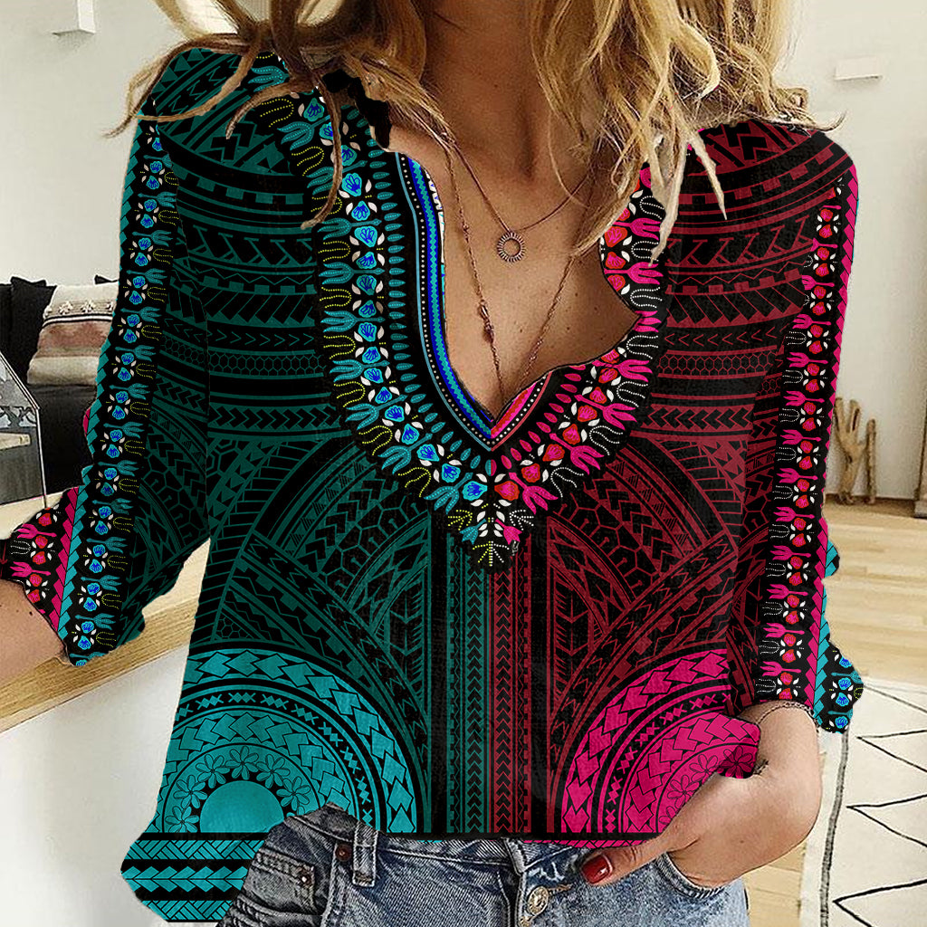African Dashiki Women Casual Shirt With Polynesian Pattern - Half Teal and Pink - Wonder Print Shop