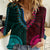 African Dashiki Women Casual Shirt With Polynesian Pattern - Half Teal and Pink - Wonder Print Shop