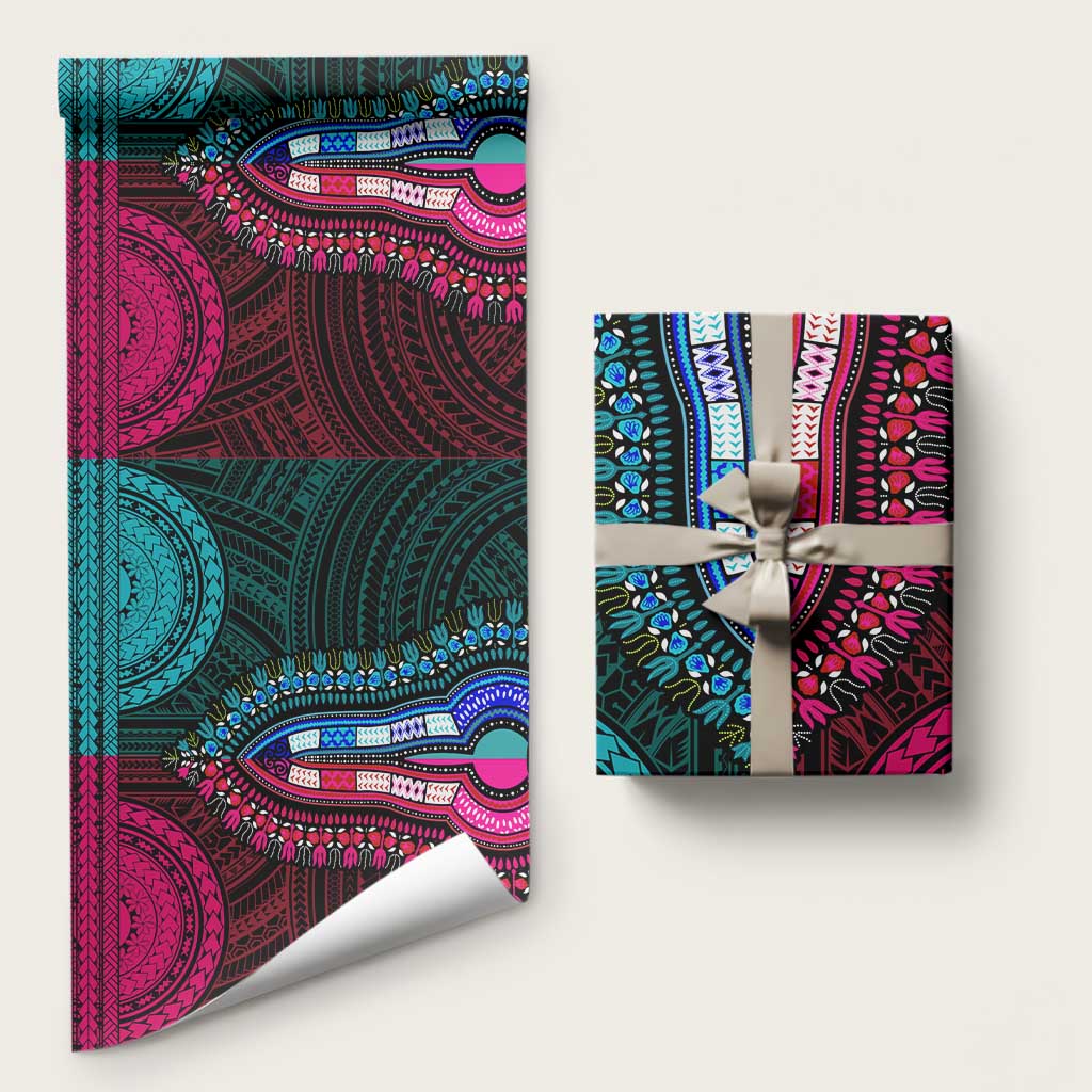 African Dashiki and Polynesian Pattern Wrapping Paper Half Teal-Pink - Wonder Print Shop