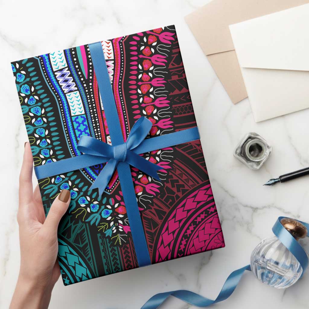 African Dashiki and Polynesian Pattern Wrapping Paper Half Teal-Pink - Wonder Print Shop