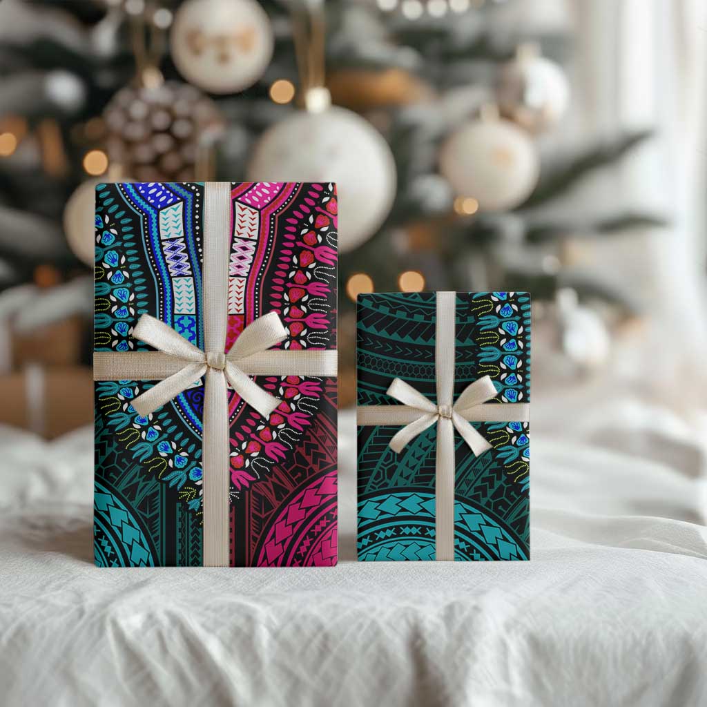 African Dashiki and Polynesian Pattern Wrapping Paper Half Teal-Pink - Wonder Print Shop