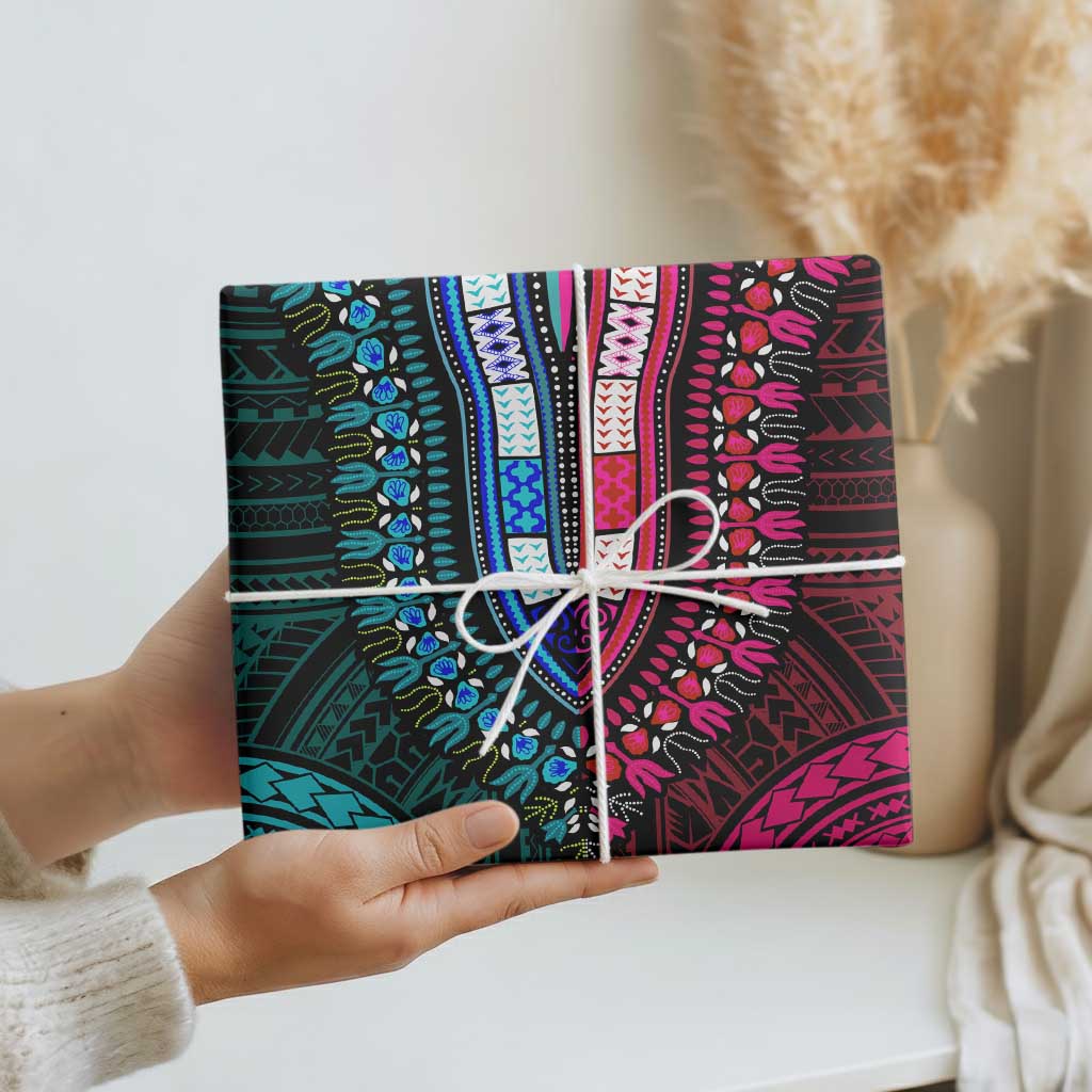 African Dashiki and Polynesian Pattern Wrapping Paper Half Teal-Pink - Wonder Print Shop