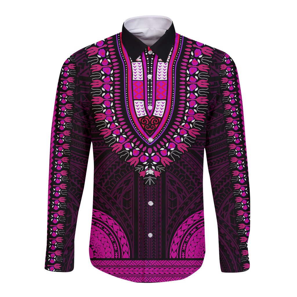 African Dashiki Long Sleeve Button Shirt With Polynesian Pattern - Pink - Wonder Print Shop