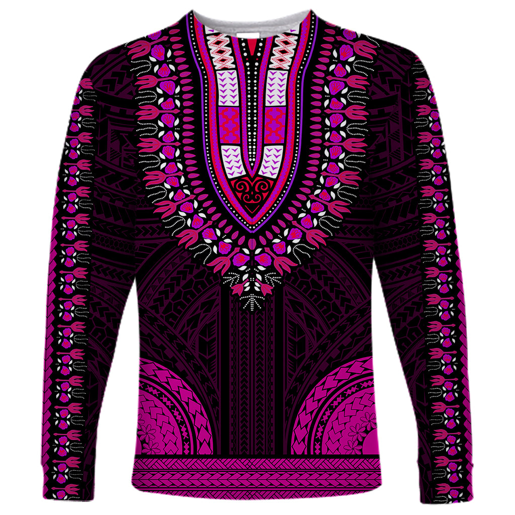 African Dashiki Long Sleeve Shirt With Polynesian Pattern - Pink - Wonder Print Shop
