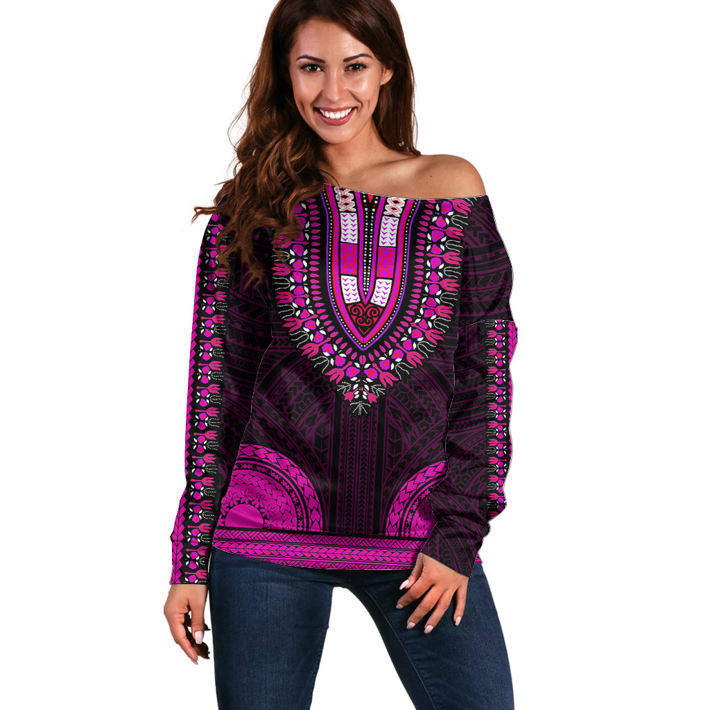 African Dashiki Off Shoulder Sweater With Polynesian Pattern - Pink - Wonder Print Shop