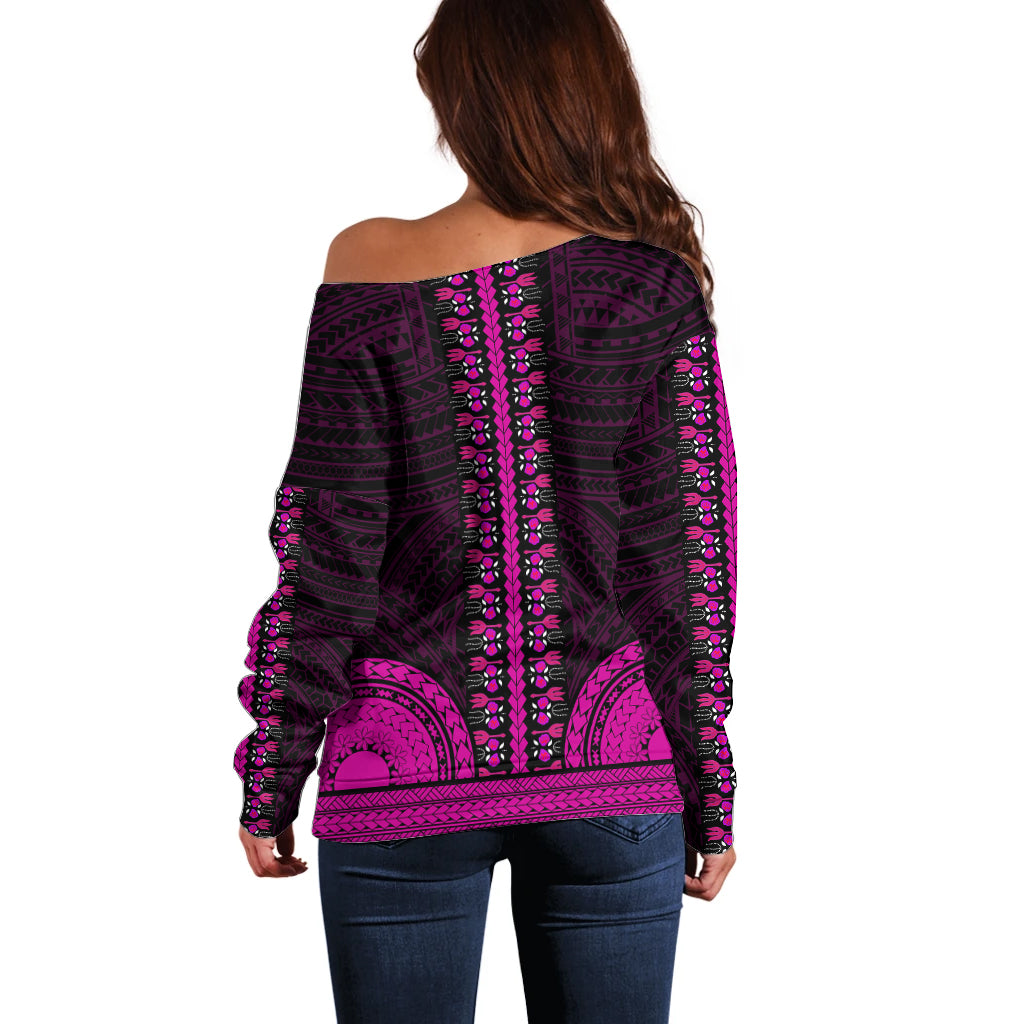 African Dashiki Off Shoulder Sweater With Polynesian Pattern - Pink - Wonder Print Shop
